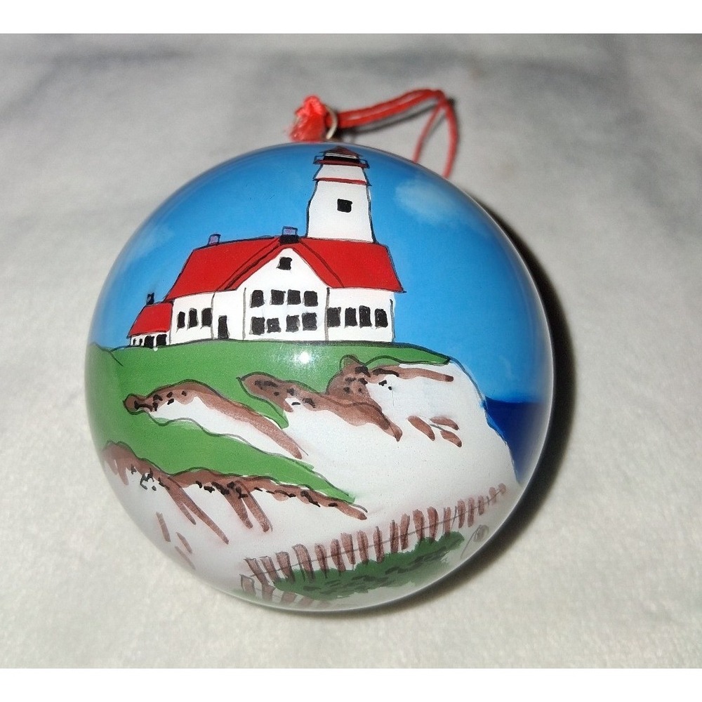 Li Bien Lighthouse Christmas Ornament Hand Painted Glass Coastal Scene 3.5"
